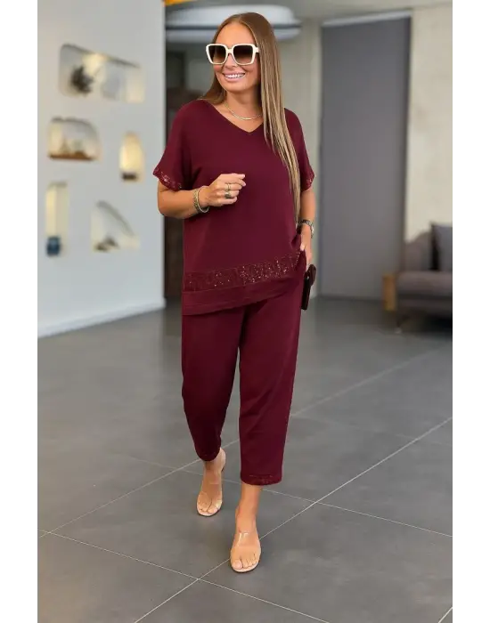 Kadın Kısa Kollu V Yakalı Pul Payetli Viskon Iki Iplik Bluz Ve Pantolon Ikili Takım