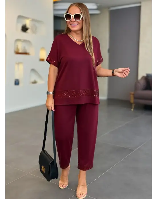 Kadın Kısa Kollu V Yakalı Pul Payetli Viskon Iki Iplik Bluz Ve Pantolon Ikili Takım