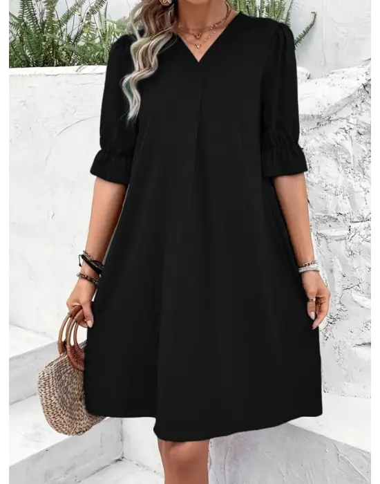 Kadın Kısa Kollu V Yakalı Salaş Janjan Krep Elbise