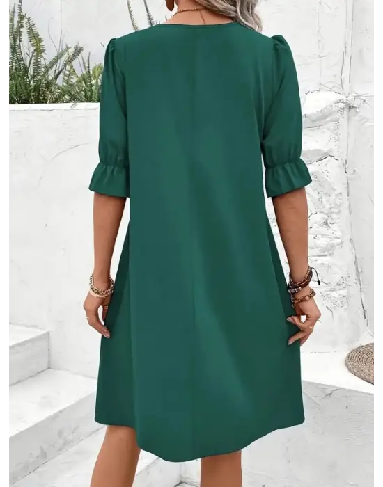 Kadın Kısa Kollu V Yakalı Salaş Janjan Krep Elbise