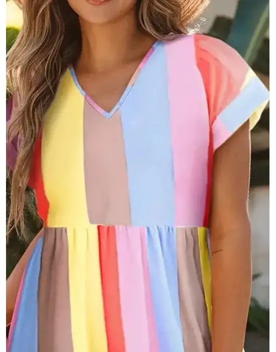 Kadın Kısa Kollu V Yakalı şerit Desenli Süprem Elbise