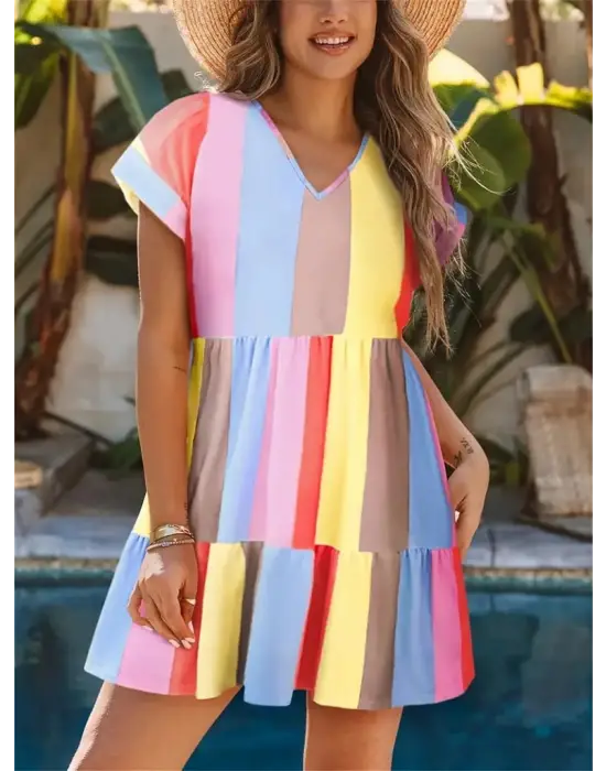 Kadın Kısa Kollu V Yakalı şerit Desenli Süprem Elbise