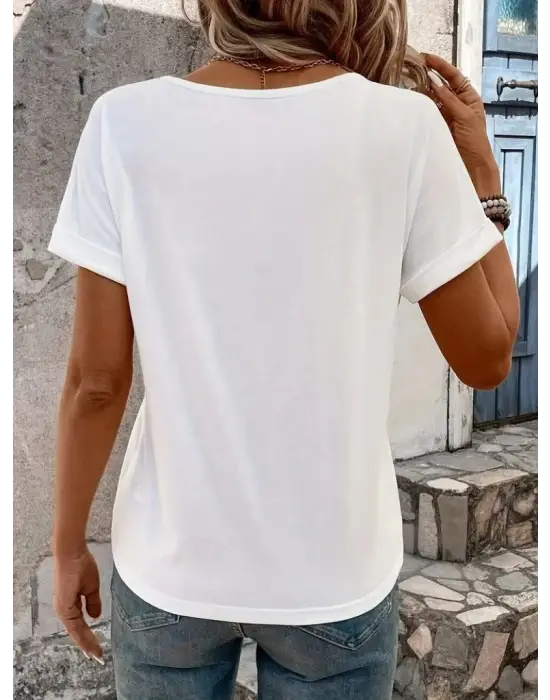 Kadın Kısa Kollu V Yakalı şerit Detaylı Viskon Bluz