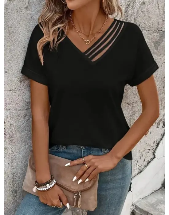 Kadın Kısa Kollu V Yakalı şerit Detaylı Viskon Bluz