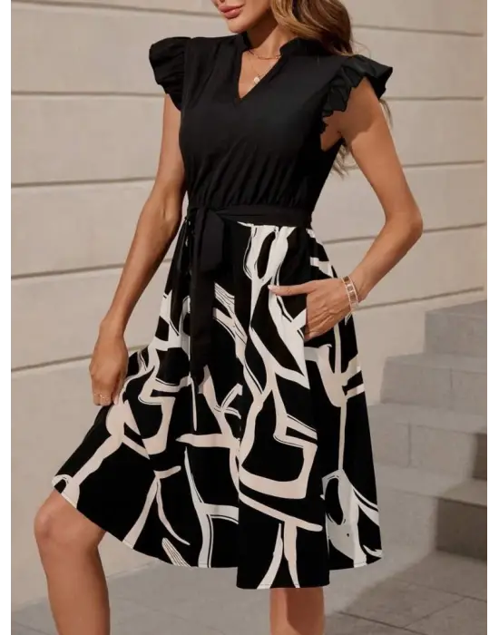 Omarı Etkileyici V Yakalı Desenli Mini Elbise