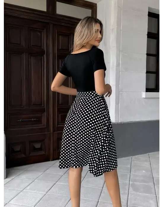 Kadın Kısa Kollu V Yakalı üst Viskon Alt Puantiyeli Kısa örme Krep Elbise