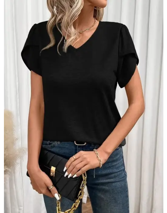 Kadın Kısa Kollu V Yakalı Viskon Bluz