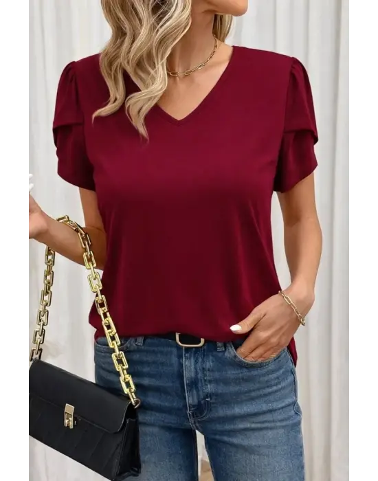 Kadın Kısa Kollu V Yakalı Viskon Bluz