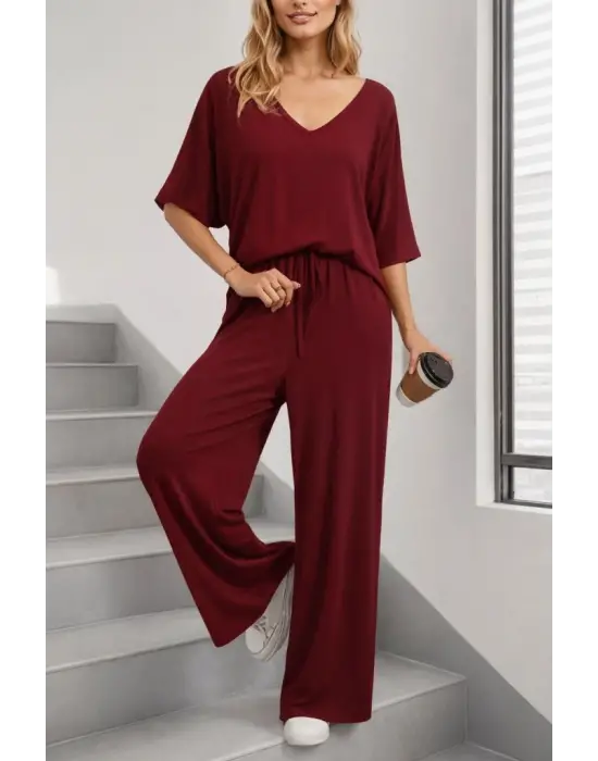 Kadın Kısa Kollu V Yakalı Viskon Bluz Ve Pantolon Ikili Takım