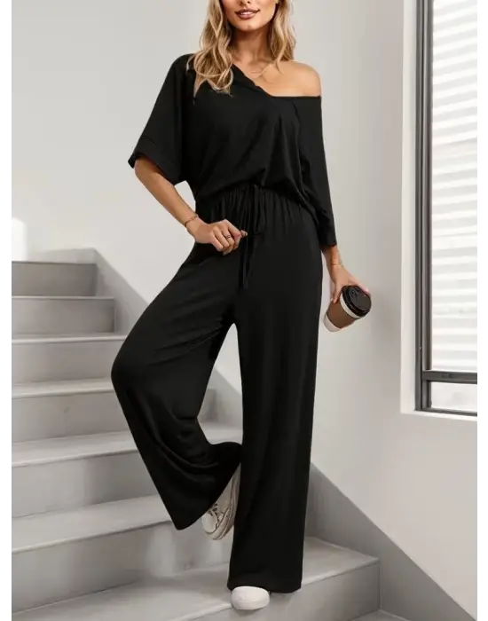 Kadın Kısa Kollu V Yakalı Viskon Bluz Ve Pantolon Ikili Takım