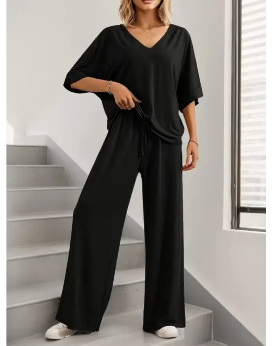 Kadın Kısa Kollu V Yakalı Viskon Bluz Ve Pantolon Ikili Takım