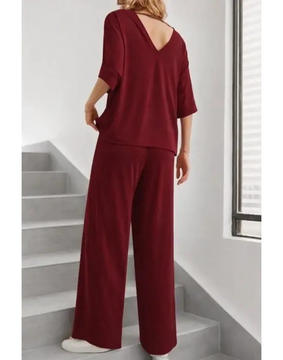Kadın Kısa Kollu V Yakalı Viskon Bluz Ve Pantolon Ikili Takım