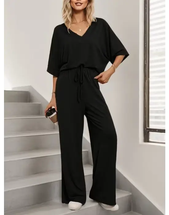 Kadın Kısa Kollu V Yakalı Viskon Bluz Ve Pantolon Ikili Takım