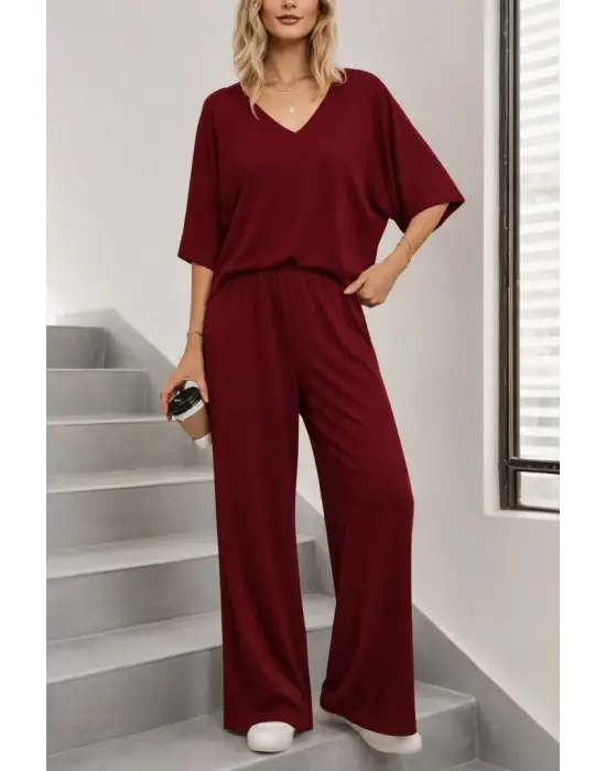 Kadın Kısa Kollu V Yakalı Viskon Bluz Ve Pantolon Ikili Takım
