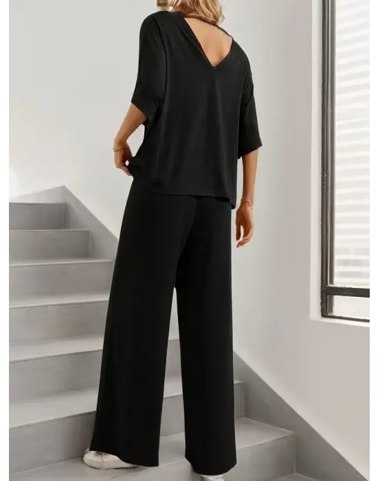 Kadın Kısa Kollu V Yakalı Viskon Bluz Ve Pantolon Ikili Takım