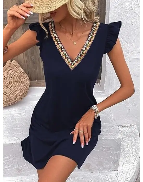 Kadın Kısa Kollu V Yakalı Viskon Elbise