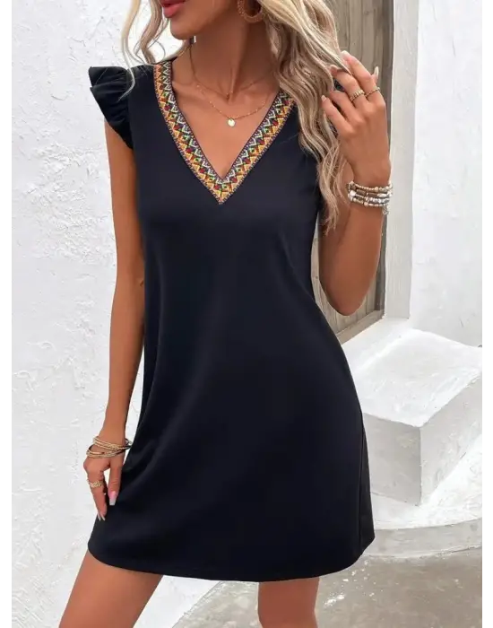 Kadın Kısa Kollu V Yakalı Viskon Elbise
