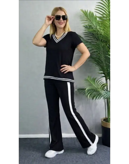 Kadın Kısa Kollu V Yakalı Viskon Iki Iplik Bluz Ve Pantolon Ikili Takım