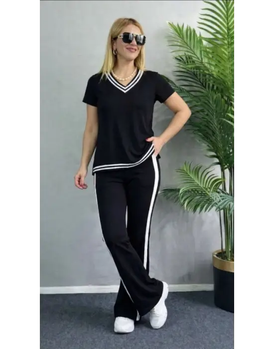 Kadın Kısa Kollu V Yakalı Viskon Iki Iplik Bluz Ve Pantolon Ikili Takım