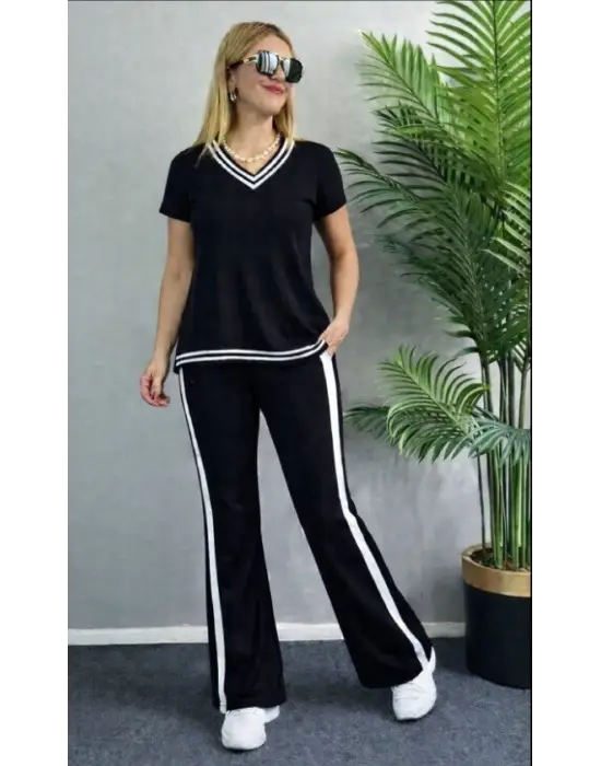 Kadın Kısa Kollu V Yakalı Viskon Iki Iplik Bluz Ve Pantolon Ikili Takım