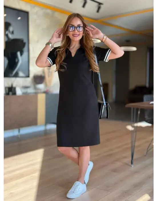 Kadın Kısa Kollu V Yakalı Viskon Iki Iplik Elbise