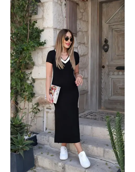 Kadın Kısa Kollu V Yakalı Yandan şerit Ve Yırtmaçlı Viskon Uzun Elbise