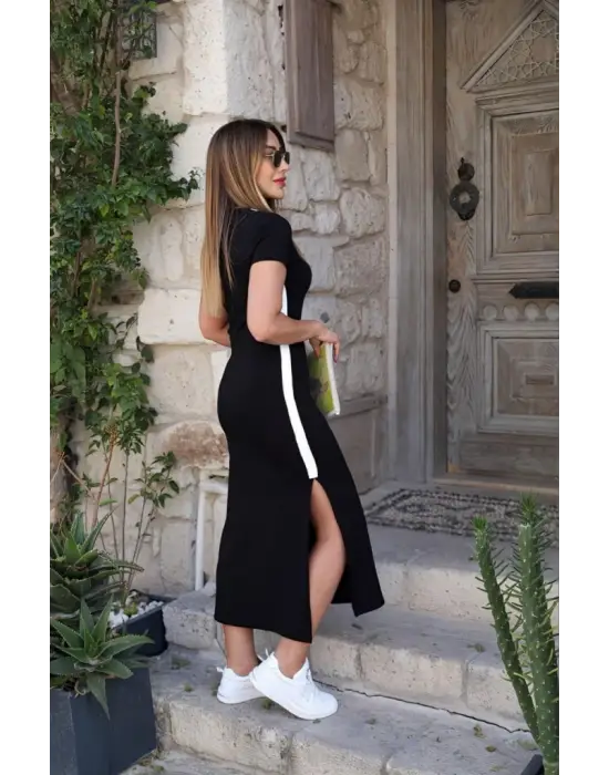 Kadın Kısa Kollu V Yakalı Yandan şerit Ve Yırtmaçlı Viskon Uzun Elbise