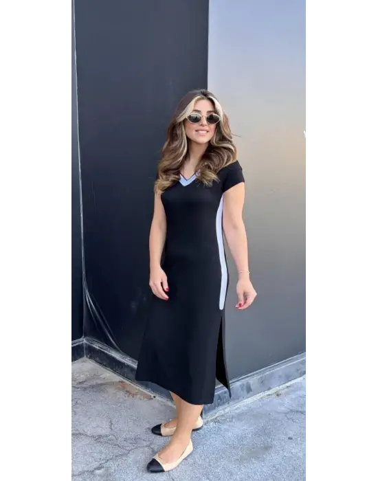 Kadın Kısa Kollu V Yakalı Yandan şerit Ve Yırtmaçlı Viskon Uzun Elbise