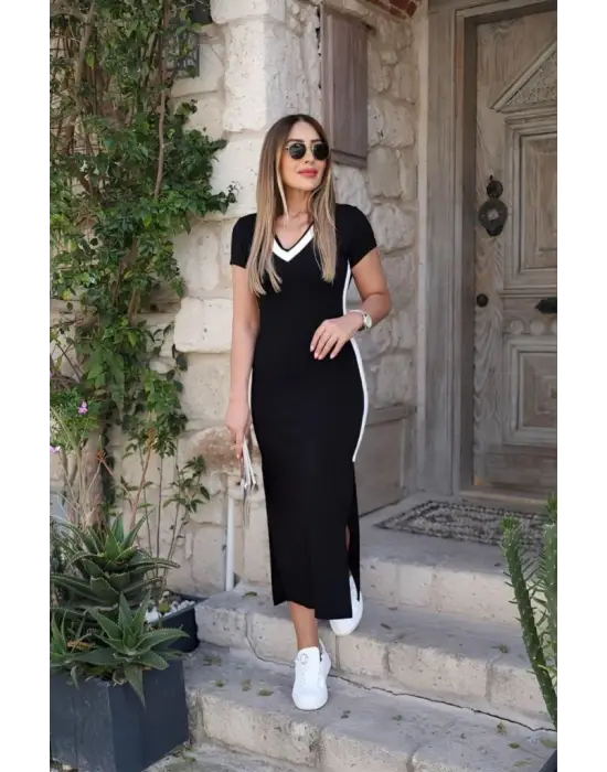 Kadın Kısa Kollu V Yakalı Yandan şerit Ve Yırtmaçlı Viskon Uzun Elbise