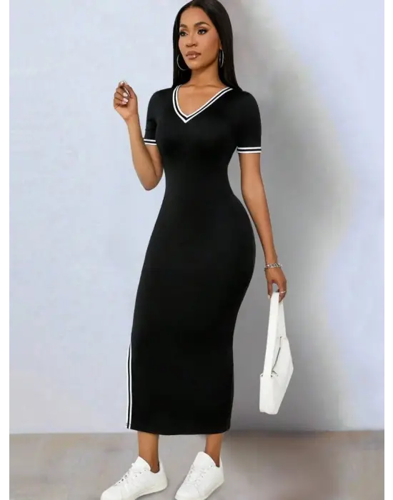 Kadın Kısa Kollu V Yakalı Yandan Yırtmaçlı Viskon Iki Iplik Elbise