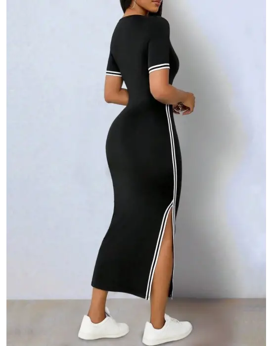 Kadın Kısa Kollu V Yakalı Yandan Yırtmaçlı Viskon Iki Iplik Elbise