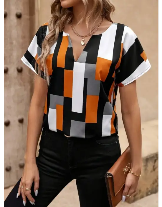 Kadın Kısa Kollu V Yakalı Yarasa Kollu Atlas Bluz