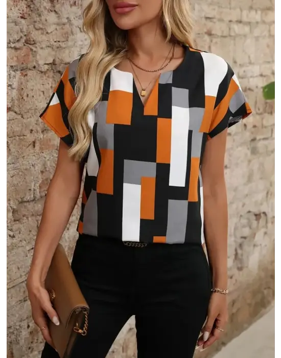 Kadın Kısa Kollu V Yakalı Yarasa Kollu Atlas Bluz