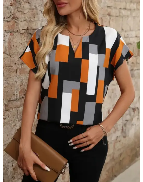 Kadın Kısa Kollu V Yakalı Yarasa Kollu Atlas Bluz