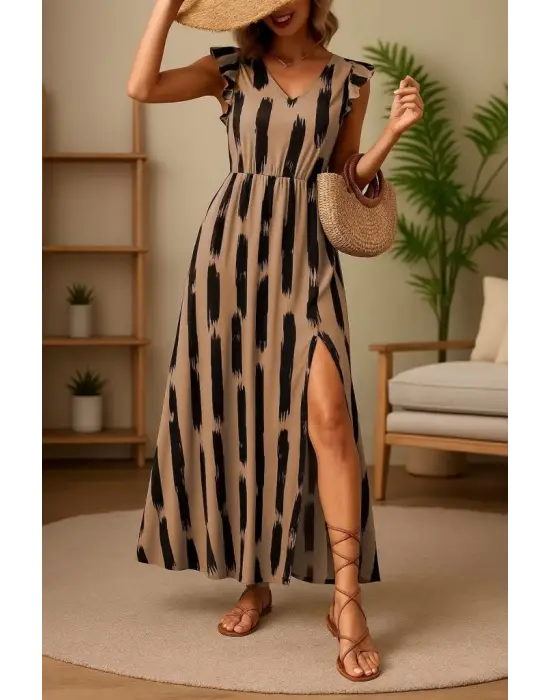 Omarı Çiçek Desenli V Yakalı Kısa Kollu Elbise