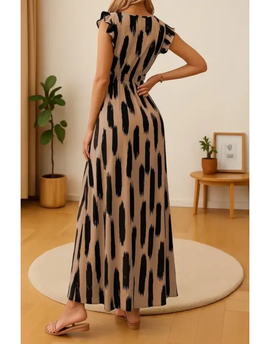 Omarı Çiçek Desenli V Yakalı Kısa Kollu Elbise