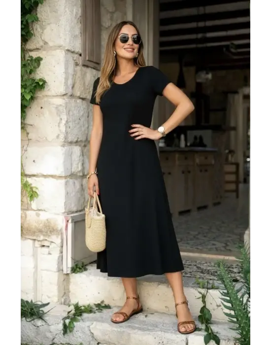 Kadın Kısa Kollu V Yakalı Yırtmaçlı Midi Viskon Elbise