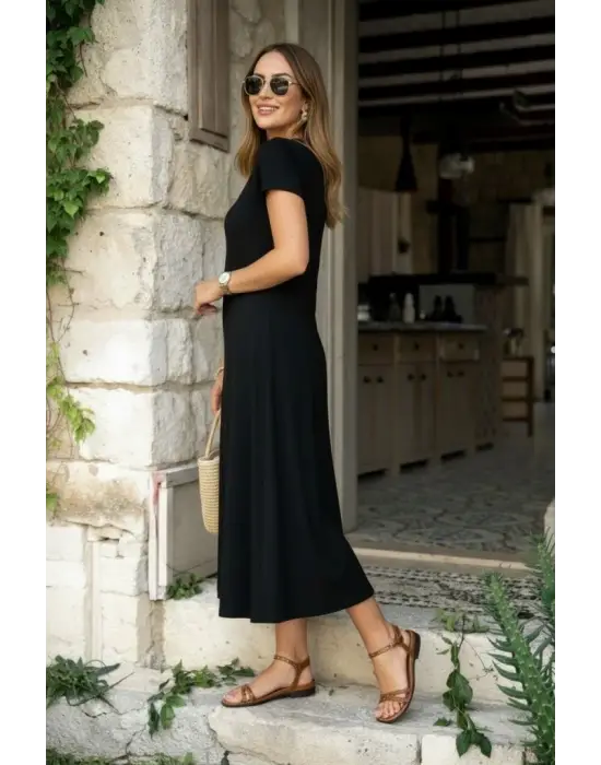 Kadın Kısa Kollu V Yakalı Yırtmaçlı Midi Viskon Elbise