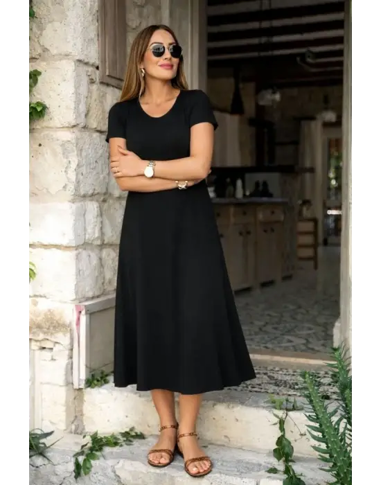 Kadın Kısa Kollu V Yakalı Yırtmaçlı Midi Viskon Elbise