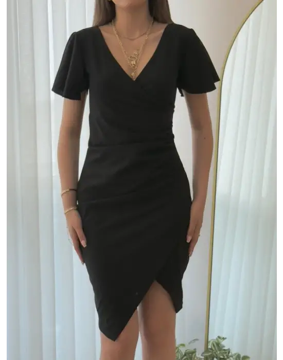 Kadın Kısa Kollu Volanlı Kruvaze Yaka Yanlardan Büzgülü Ithal Krep Elbise