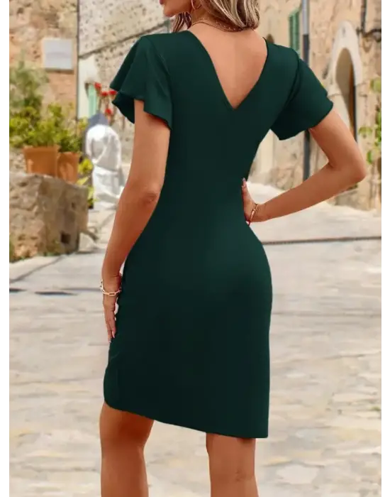 Kadın Kısa Kollu Volanlı Kruvaze Yaka Yanlardan Büzgülü Ithal Krep Elbise