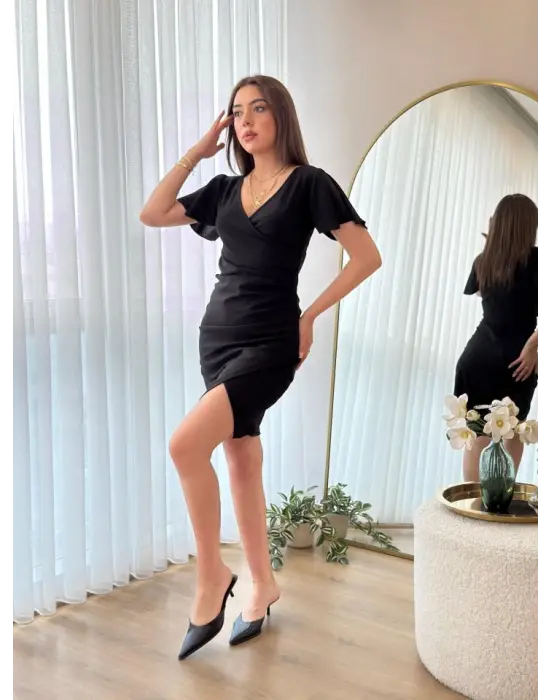 Kadın Kısa Kollu Volanlı Kruvaze Yaka Yanlardan Büzgülü Ithal Krep Elbise