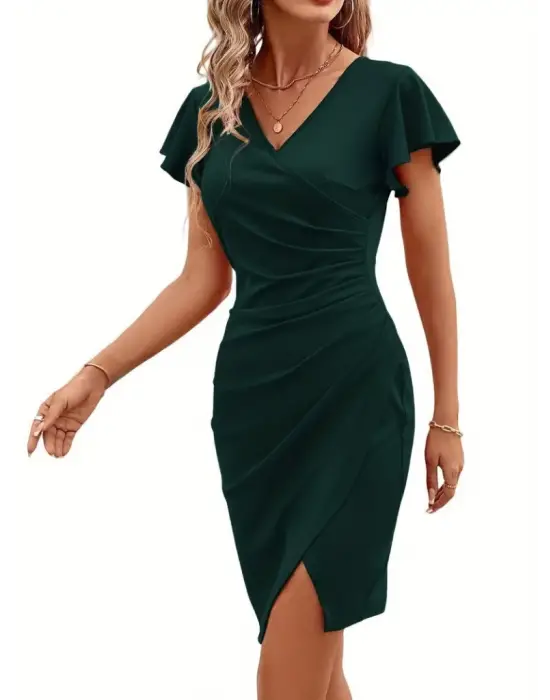 Omarı Volan Detaylı Kısa Kollu Kruvaze Yaka Elbise