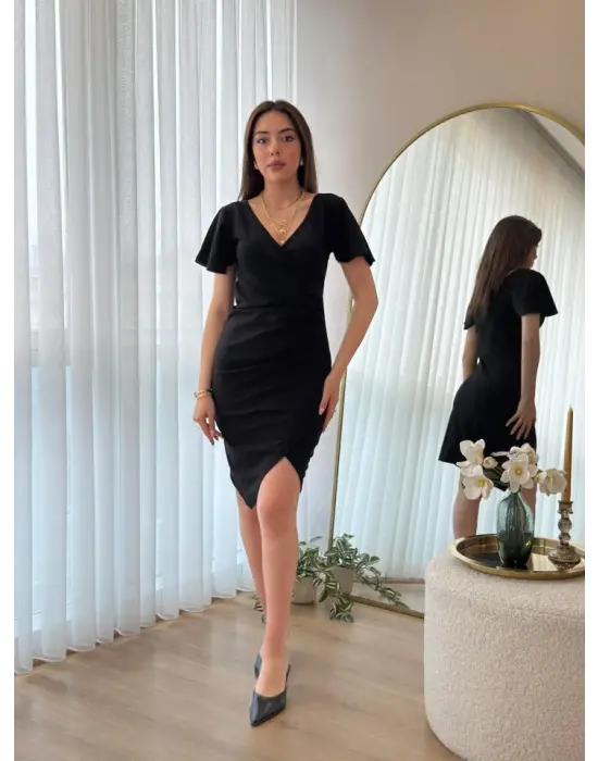 Kadın Kısa Kollu Volanlı Kruvaze Yaka Yanlardan Büzgülü Ithal Krep Elbise