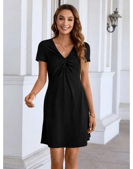 Kadın Kısa Kollu Yaka Detay Viskon Elbise