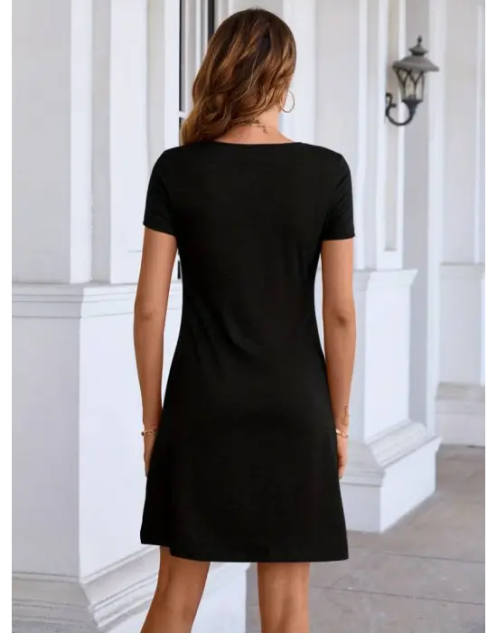 Kadın Kısa Kollu Yaka Detay Viskon Elbise