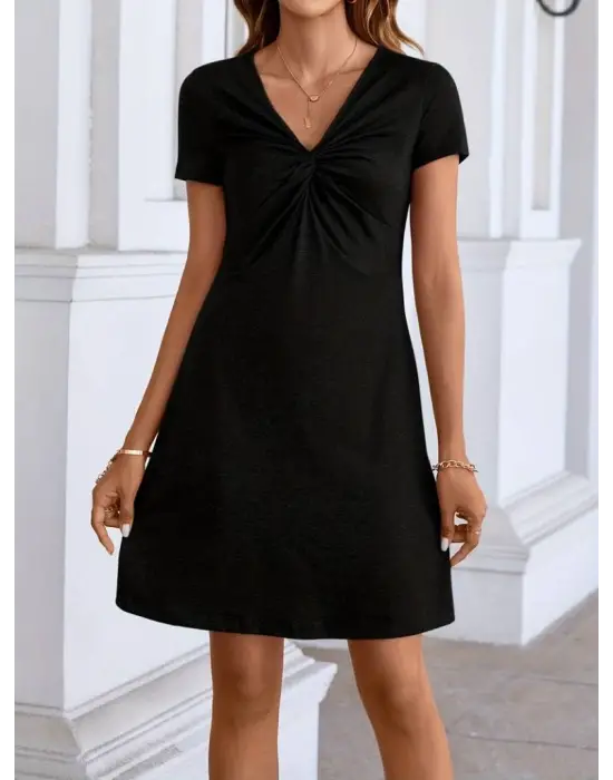 Kadın Kısa Kollu Yaka Detay Viskon Elbise