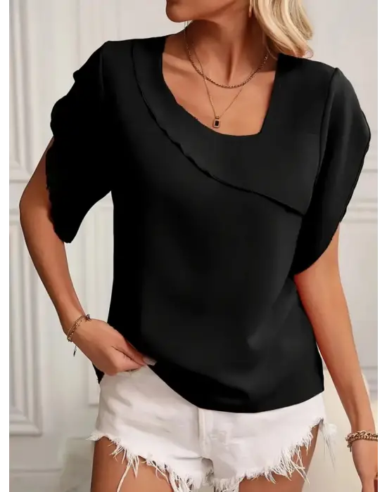 Kadın Kısa Kollu Yaka Ve Kol Detay Jesica Bluz