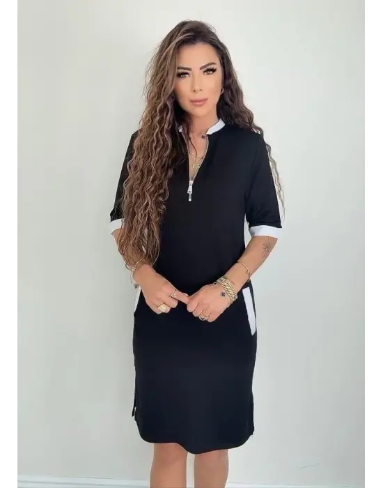 Kadın Kısa Kollu Yakadan Fermuarlı Cepli Yandan Yırtmaçlı Viskon Elbise