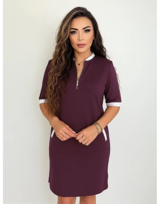 Kadın Kısa Kollu Yakadan Fermuarlı Cepli Yandan Yırtmaçlı Viskon Elbise